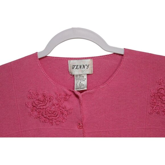 Vintage 90s Knit Cardigan Sweater Medium Pink Floral Embroidered Feminine Ramie - Picture 4 of 8